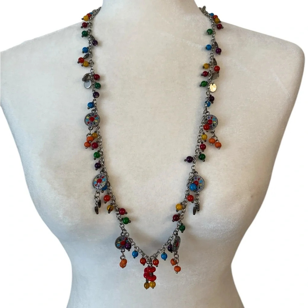 Womens Rainbow Beaded Dangle Necklace And Matching Earrings Boho Colorful
